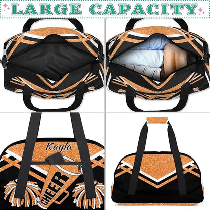 Personalized Girls Gym Cheerleading Bag Sport Duffle Bag, Custom Name Carry On Weekender Bag for Women Men Travel Vocation Business Trip, Orange Glitters Black