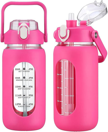 kytffu 42oz Glass Water Bottles with Straw, Motivational Glass Bottle with Silicone Sleeve and Time Marker, Leakproof Large Glass Water Jug for Gym Home Office,Rose red