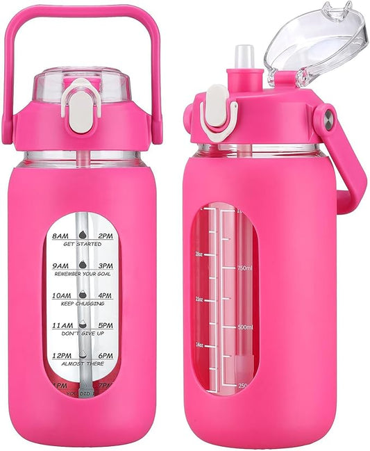 kytffu 42oz Glass Water Bottles with Straw, Motivational Glass Bottle with Silicone Sleeve and Time Marker, Leakproof Large Glass Water Jug for Gym Home Office,Rose red