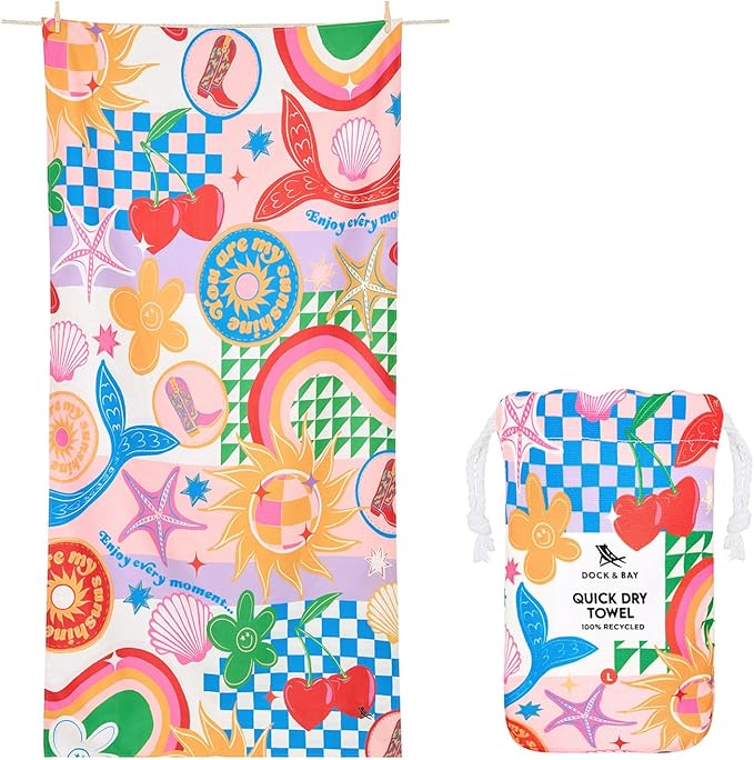 Dock & Bay Kid's Towel - Quick Dry, Sand Free - Compact, Lightweight - 100% Recycled - Includes Bag - Good Vibes Club - Large (160x90cm, 63x35)