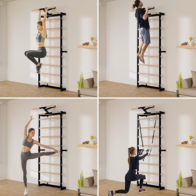 Swedish Ladder, Wood Stall Bars Suspension Trainer with Pull-Up Bar & Rings for Straps, Swedish ladders Wall Gym Adult, Wall-Mounted Workout Ladder for Home, Gym, School and Clinics