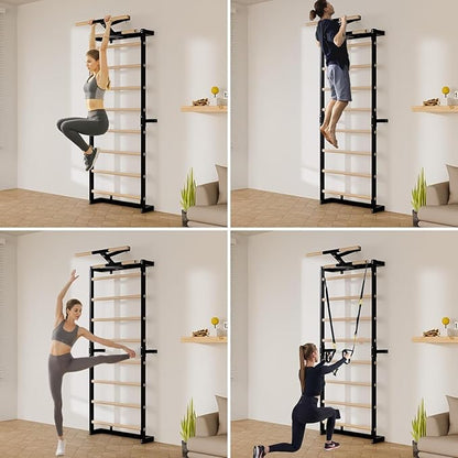 Swedish Ladder, Wood Stall Bars Suspension Trainer with Pull-Up Bar & Rings for Straps, Swedish ladders Wall Gym Adult, Wall-Mounted Workout Ladder for Home, Gym, School and Clinics
