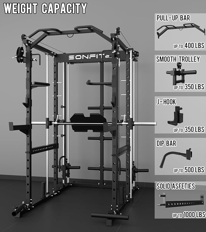 Eonfit E5 Smith Machine with Vertical Leg Press, Power Cage Squat Rack with LAT-Pull Down Cable Crossover Rotating Arms System Home Gym Equipment All in One