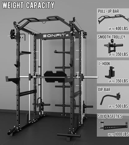 Eonfit E5 Smith Machine with Vertical Leg Press, Power Cage Squat Rack with LAT-Pull Down Cable Crossover Rotating Arms System Home Gym Equipment All in One