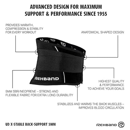 Rehband X-Stable Back Support, Neoprene back compression support 5mm, strong support for fitness and daily life, stabilizes lower back, Colour:Black, Size:Small