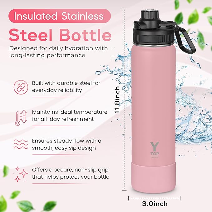 Y TOP 24oz Insulated Water Bottle Leak Proof Spout Lid Fits in Car Cup Holder – Double Wall Dishwasher Safe Easy Clean stainless steel drinking water bottle for Gym Kids Sports Travel Hiking School