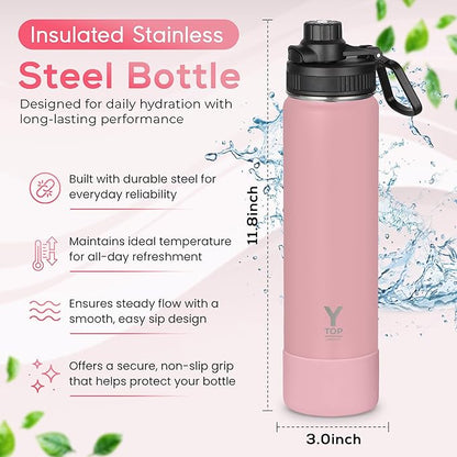Y TOP 24oz Insulated Water Bottle Leak Proof Spout Lid Fits in Car Cup Holder – Double Wall Dishwasher Safe Easy Clean stainless steel drinking water bottle for Gym Kids Sports Travel Hiking School