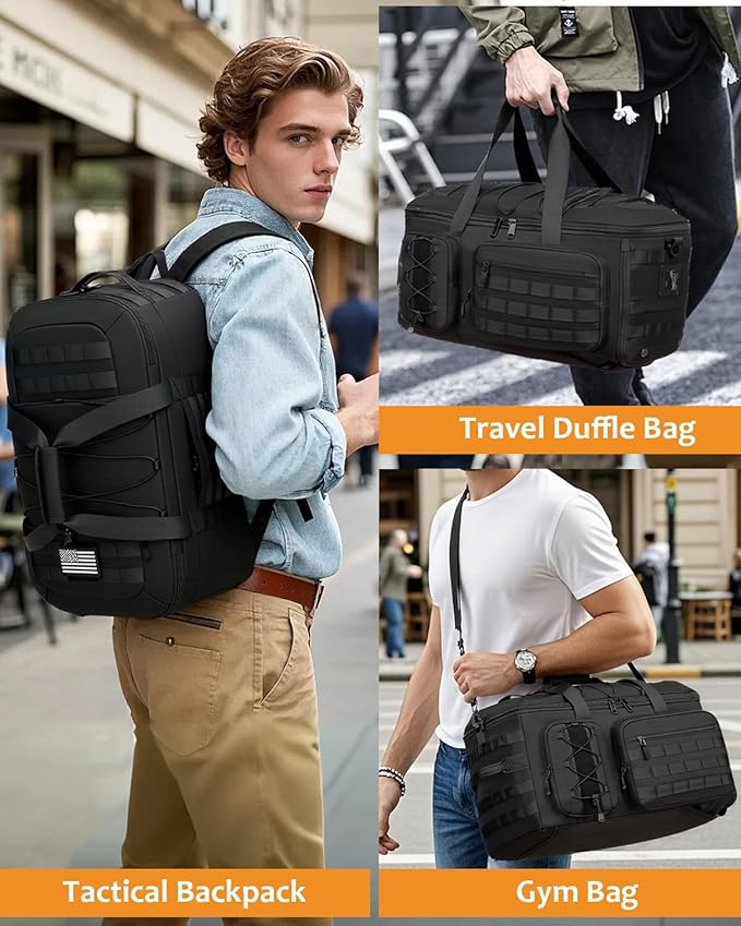 50L Gym Bags for Men, 3 in 1 Travel Duffle Bag with Shoe Compartment, Tactical Military Backpack for Overnight Weekender Gym Traveling Workout Deployment