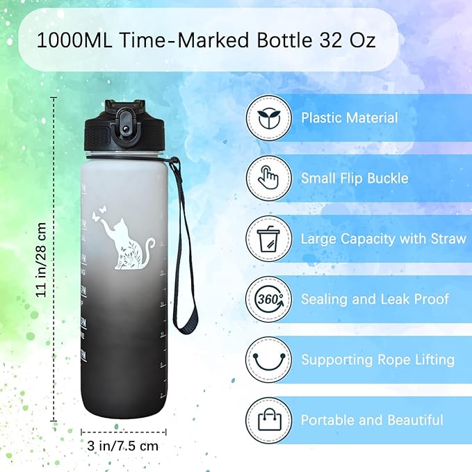 Floral Cat Water Bottle 32 Oz – Leakproof BPA Free Sport Water Bottle with Straw & Carry Strap, Motivational Time Marker for Gym, Fitness, Outdoor, Travel, Office, Biking, Cat Lover Black
