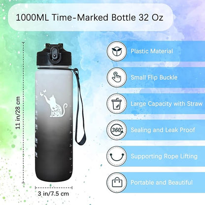 Floral Cat Water Bottle 32 Oz – Leakproof BPA Free Sport Water Bottle with Straw & Carry Strap, Motivational Time Marker for Gym, Fitness, Outdoor, Travel, Office, Biking, Cat Lover Black