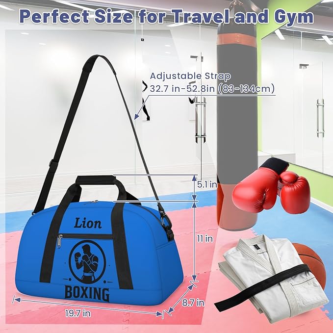 Custom Name Taekwondo Karate Duffle Bag for kids Boy Girls - Personalized Martial Arts Gear Bag, Water-Resistant Sparring Equipment Bag, Boxing Blue