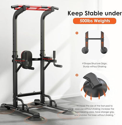 DlandHome Pull Up Bar Power Tower Dip Station, Height Adjustable Heavy Duty Workout Dip Stand, Multi-Functional Strength Training Machine for Men Women Home Gym