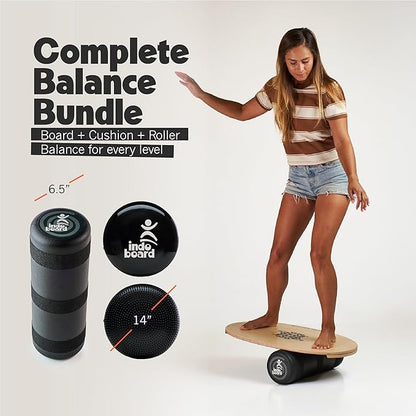 The Original Indo Board Training Package - Balance Board Trainer for Core Strength, Stability & Athletic Performance - Surfing, Skateboarding, Snowboarding, Yoga, Physical Therapy & More. Includes Board, Cushion and Roller.