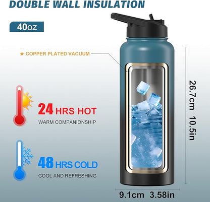 40oz Insulated Water Bottle (Cold for 48 Hrs),BPA Free&Leak Proof,Stainless Steel Water Flask,Water Jug with Straw Spout Lids for Gym,Hiking,Travel,Black Blue