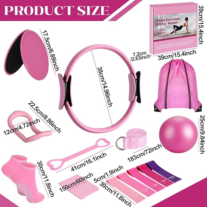 hotqueen 14 PCS Pilates Kit, Home Pilates Workout Kit for Women, Pilates Equipment with 14.9" Pilates Ring and Ball, Resistance Bands, Sliders & Grip Socks Accessories for Starter Home Workouts（Pink）