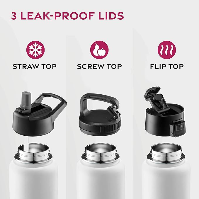FineDine Triple Walled, Insulated Water Bottles with Straw - 40 Oz Stainless Steel Metal Bottle W/ 3 Leak Proof Lids - For Travel, School, Sports, Gym/Men, Women & Kids - Pure Pearly White