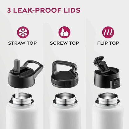 FineDine Triple Walled, Insulated Water Bottles with Straw - 40 Oz Stainless Steel Metal Bottle W/ 3 Leak Proof Lids - For Travel, School, Sports, Gym/Men, Women & Kids - Pure Pearly White
