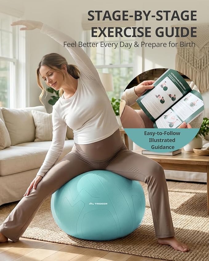 Trideer Pregnancy Birthing Ball, 1.7mm Extra Thick Yoga Ball for Maternity, Labor, Physio, Recovery, Illustrated Exercise Guide & Baby Memory Book Included, 1000LB Anti-Burst & Non-Slip Stability Ball