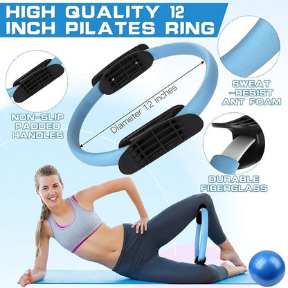 15 Pcs Home Pilates Essentials Kit for Women,Pilates Kit with 9 Inch Yoga Ball,Pilates Ring,Resistance Bands,Jump Rope,Workout Sets for Women,Pilates Equipment Set for Starter Toning Workout at Home