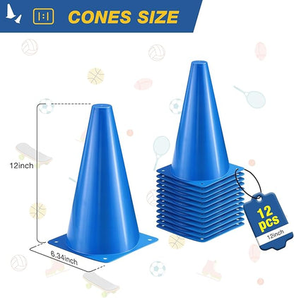 12 Inch Durable Cones,12pcs Versatile Plastic Traffic Cones and Soccer Cones for Sports Training,Agility Drills,Parking Safety,Basketball Training,Football Training.