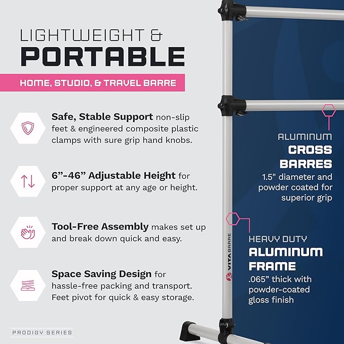 VITA Barre Portable Freestanding Double Ballet Barre, Prodigy, Aluminum | Adjustable Height, USA Made, Home or Gym Exercise Equipment for Kids & Adults | Dance, Fitness, Pilates