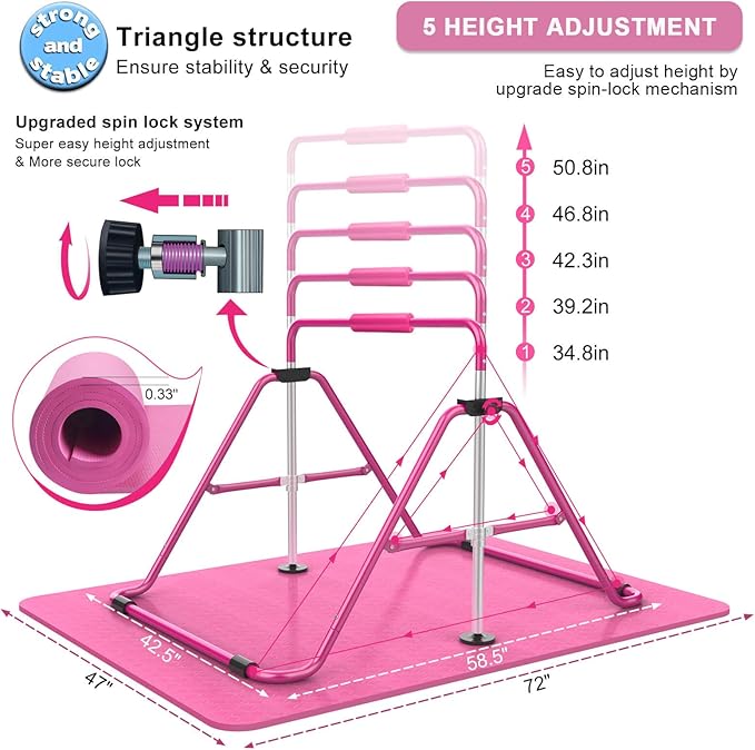 Tepemccu Expandable Gymnastics Bars, Adjustable Height Gymnastic Horizontal Bars, Children Folding Training Bar for Kids
