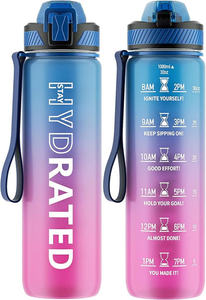 Water Bottle with Straw, 32oz Motivational Water Bottles with Time Marker to Drink, Tritan BPA Free, 1L Sports Water Bottle with Carry Strap LeakProof for Women Gym Fitness Outdoor (1 Pack)