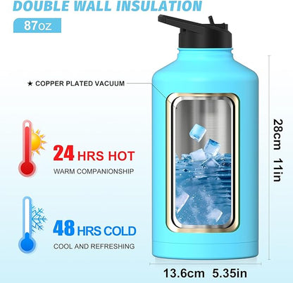 87oz Insulated Water Bottle (Cold for 48 Hrs),BPA Free&Leak Proof,1.5 Gallon Stainless Steel Water Flask,Water Jug with Straw Spout Lids for Gym,Hiking,Camping,Sky Blue