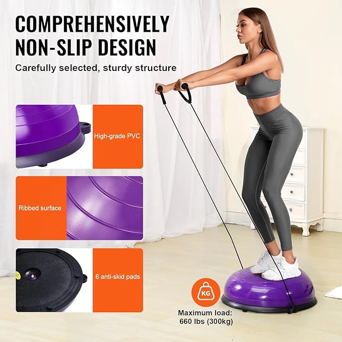 Half Exercise Ball Trainer 23 inch Balance Ball Trainer 1500lbs Capacity Stability Ball with Resistance Bands & Foot Pump, Strength Fitness Ball for Home Gym Full Body Workout