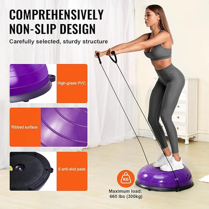 Half Exercise Ball Trainer 23 inch Balance Ball Trainer 1500lbs Capacity Stability Ball with Resistance Bands & Foot Pump, Strength Fitness Ball for Home Gym Full Body Workout