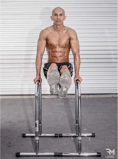 Lebert Fitness Dip Bar Stand - Original Equalizer Total Body Strengthener Pull Up Bar Home Gym Exercise Equipment Dipping Station - Frank Medrano Series, Workout Guide and Online Group - Chrome (XL)