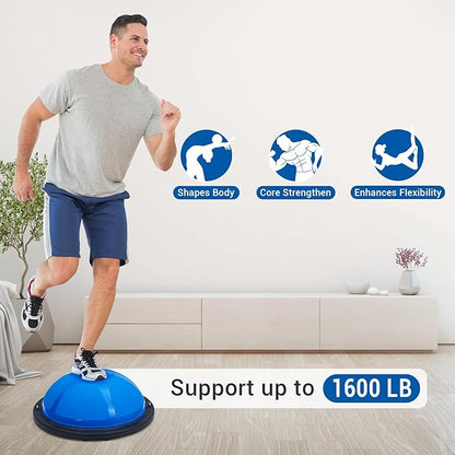 23/25in Balance Ball, 1600 lbs Half Exercise Ball with Nonslip Base, Inflatable Half Ball Balance Trainer, Stability Half Yoga Ball Strength Training Equipment with 2 Bands, Pump, Extra Ball Included,