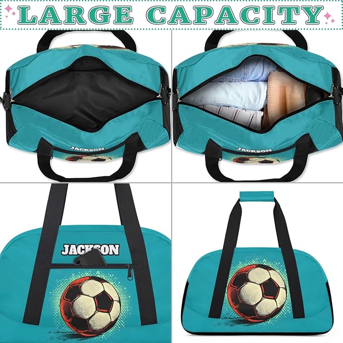 Personalized Soccer Gym Duffel Bags for Kids Boys with Custom Name Sport Training Travel Bags for Overnight Weekender, Indigo Blue