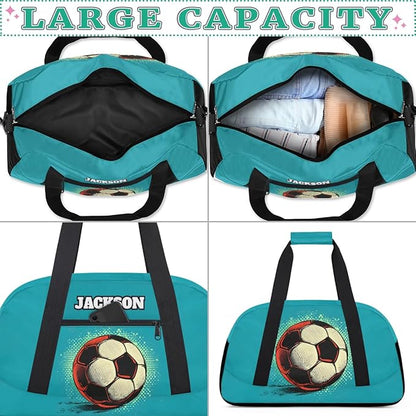 Personalized Soccer Gym Duffel Bags for Kids Boys with Custom Name Sport Training Travel Bags for Overnight Weekender, Indigo Blue