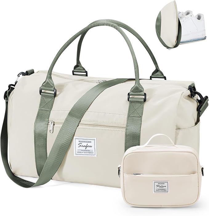 Gym Bag for Women with Shoes Compartment,Small Duffel Bag Sport bag with Toiletry Bag Overnight Travel Tote Bags Weekender Carry on Bag Personal Item Bags for Airlines Beige Green