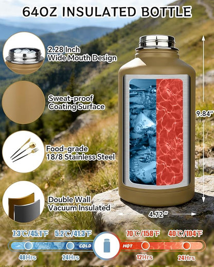 COOLYARD Half Gallon Water Bottle Insulated with Sleeve-64 oz Stainless Steel Water Jug with Strap Paracord Handle Metal Sport GYM Water Bottles for Men Women Hunting Hiking Travel Biking Camo CP