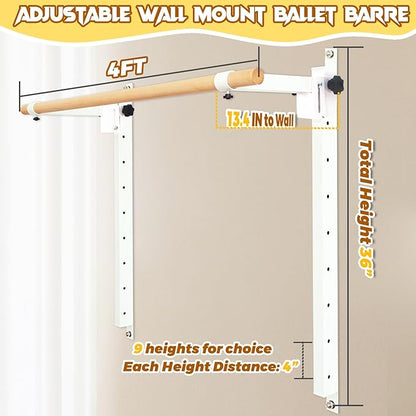 Height Adjustable Ballet Barre Foldable Ballet Bar Dance Training Barre,Wall Mount With Solid Beech Wood Bar,Home Fitness Equipment for Pull Up Stretching Never move or Shake