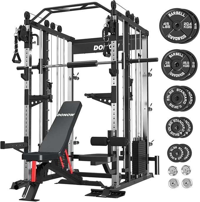 DONOW Smith Machine with Weight Stacks, Heavy Duty Home Gym System Power Cage Cable Crossover Machine Multi-Functional Trainer Ratio 1:1