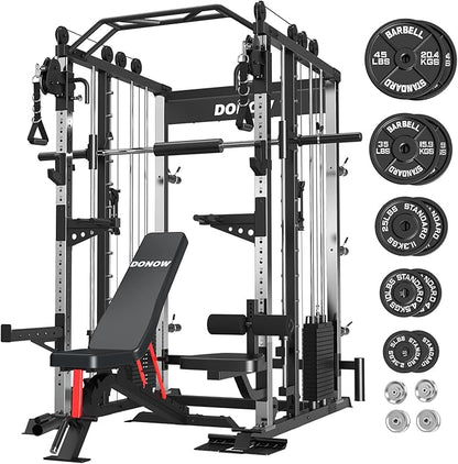 DONOW Smith Machine with Weight Stacks, Heavy Duty Home Gym System Power Cage Cable Crossover Machine Multi-Functional Trainer Ratio 1:1