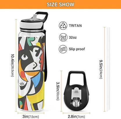 Fustylead Imaginary Animals in Picasso-style 32 oz Water Bottle with Straw, Leakproof Clear Sport Bottles for Women Men Outdoor Sport Drinking