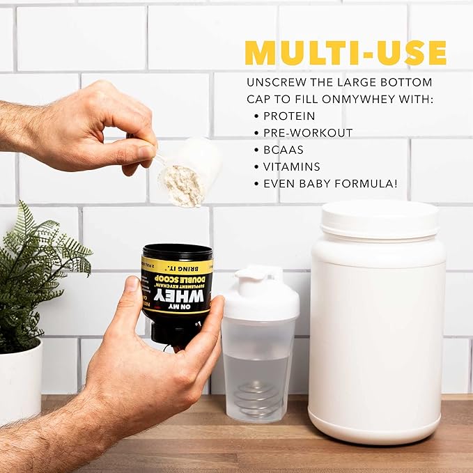 ONMYWHEY Protein Powder Container to Go - Travel Water Bottle Funnel for Mixes, Portable Pre Workout Supplement Containers & Dispenser Funnels, Mini Preworkout Supplements Holder Keychain Bottles