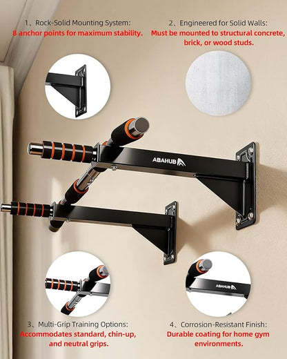 Abahub Wall Mounted Pull Up Bar, Multi-Grip Chin-Up Bar for Home Gym Workout, Drill-installed, Heavy-Duty & Stable Training Bar with 440lbs Capacity, Black-Orange