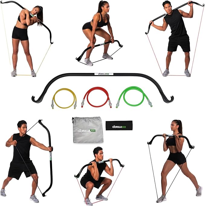 Gorilla Bow Lite Resistance Band Bar System, All-in-One Home Gym Equipment for Full Body Workout, Portable Fitness Bow with Bands for Strength Training