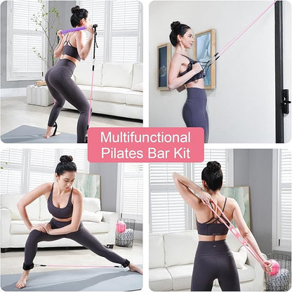 Pilates Bar Kit with Resistance Bands, Multifunctional Pilates Bar with 3 Set Exercise Resistance Bands, Portable Pilates Equipment for Women Home Gym Yoga Workouts