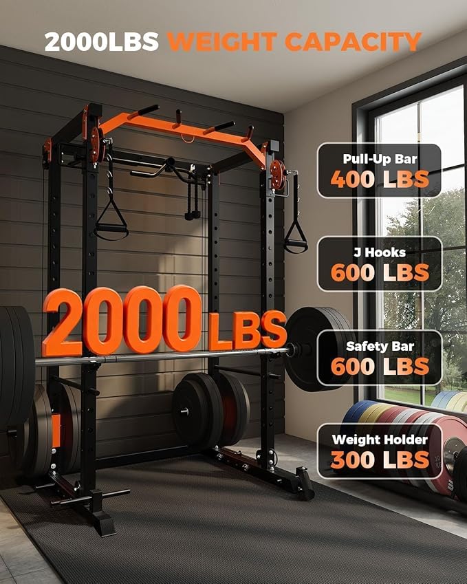 Power Cage for Home Gym, 2000LBS Power Squat Rack with Cable Crossover & Pulley System, Workout Cage Smith Machine for Full Body Strength Training