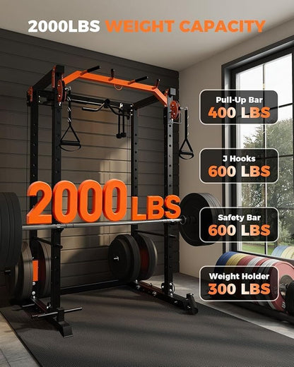 Power Cage for Home Gym, 2000LBS Power Squat Rack with Cable Crossover & Pulley System, Workout Cage Smith Machine for Full Body Strength Training