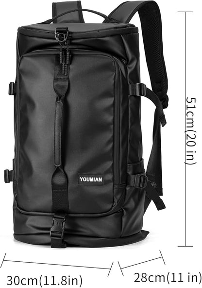 Duffel Bag with Shoe Compartment Travel Backpack Men and Women Waterproof for Gym Motorcycle Helmet (Black)