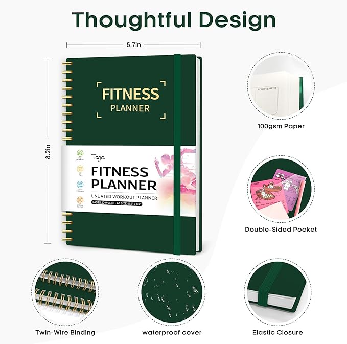 Fitness Workout Journal for Women & Men, A5(5.5" x 8.2") Workout Log Book Planner for Tracking, Progress, and Achieving Your Wellness Goals-Dark Green