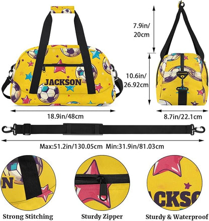 Personalized Soccer Yellow Gym Duffel Bags for Kids Boys with Custom Name Sport Training Travel Bags for Overnight Weekender