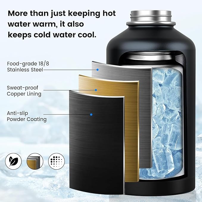 Insulated Water Bottle 64 oz, Triple Wall Vacuum Stainless Steel(Cold for 48 Hrs),Leak Proof & BPA-Free,Half Gallon Water Bottle with Reflective Paracord & Flip Straw for Sports & Travel, Black